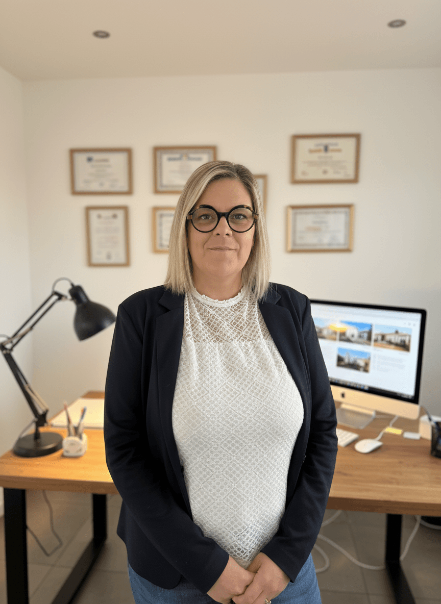 Magali Deschamps dans son bureau à Dijon, devant ses certifications